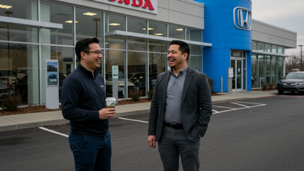 Two men share a laugh outside a Honda dealership, holding a coffee cup and discussing automotive marketing strategies for Willowood Ventures near the showroom entrance.