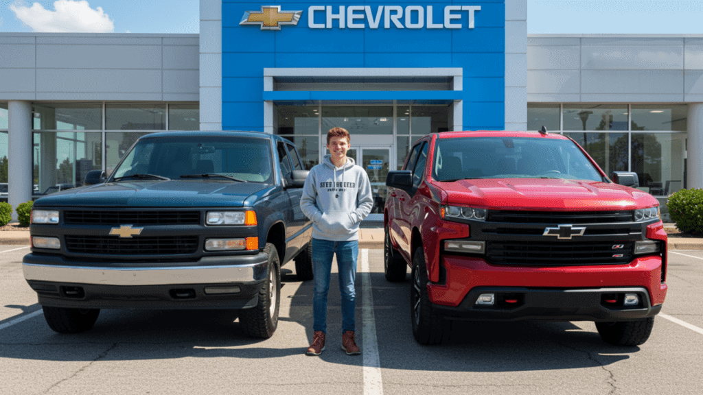 Customer stands between a classic black Chevrolet truck and a modern red Chevrolet truck outside Willowood Ventures’ dealership during a Chevy buyback event.