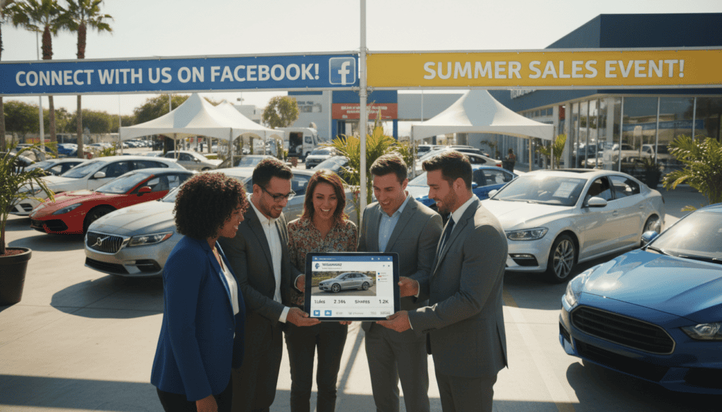 Five business professionals at a summer car dealership event view a tablet with automotive listings and Facebook ad tips, cars behind. How to Boost Ads on Facebook? We find out