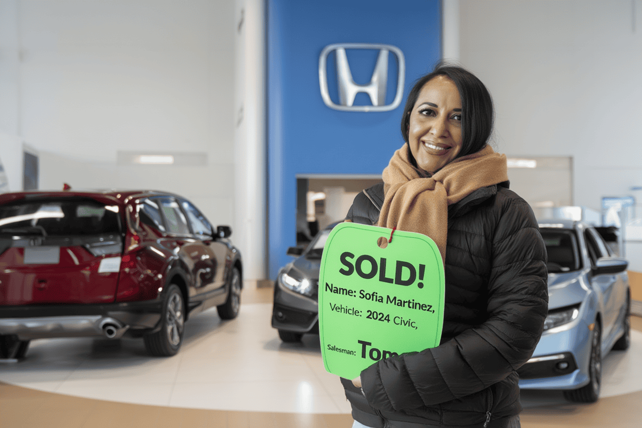 Woman with SOLD! sign for 2024 Civic at Elementor Honda dealership, showcasing Willowood Ventures automotive sales success.