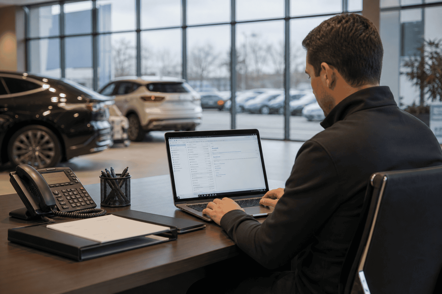 Dealership BDC sales rep reviewing appointment confirmation emails at a modern desk