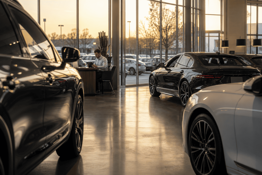 Modern car dealership showroom floor with salesperson reviewing digital leads on tablet