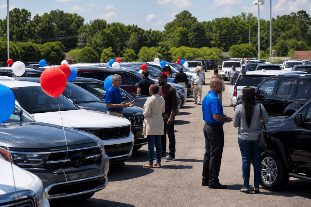 Busy car dealership lot during a daytime automotive sales event with customers
