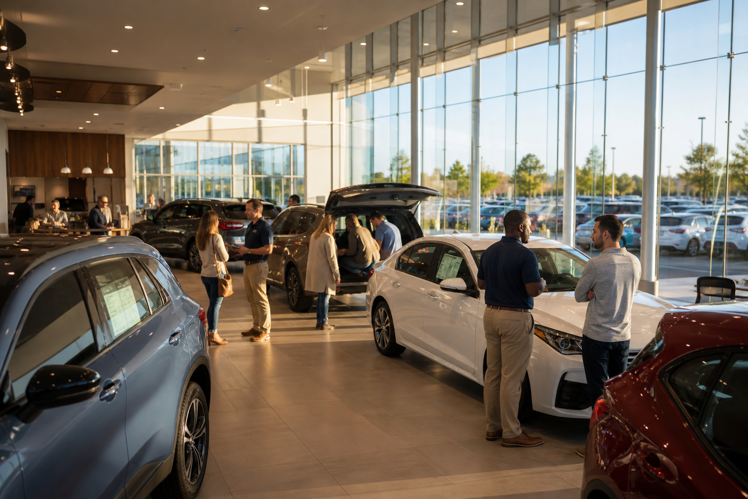 Busy car dealership showroom floor during a high-traffic sales event
