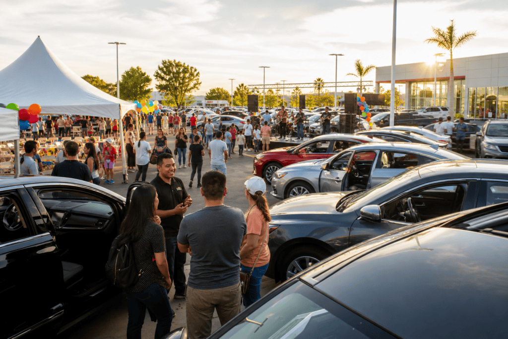 Families attending a car dealership community event on a sunny lot