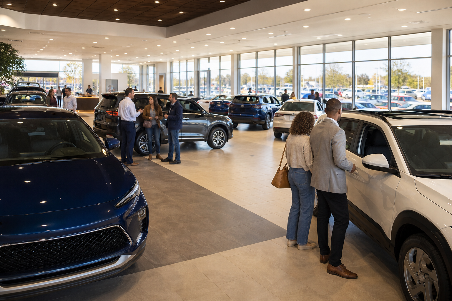 Car dealership showroom during a structured Facebook virtual sales event
