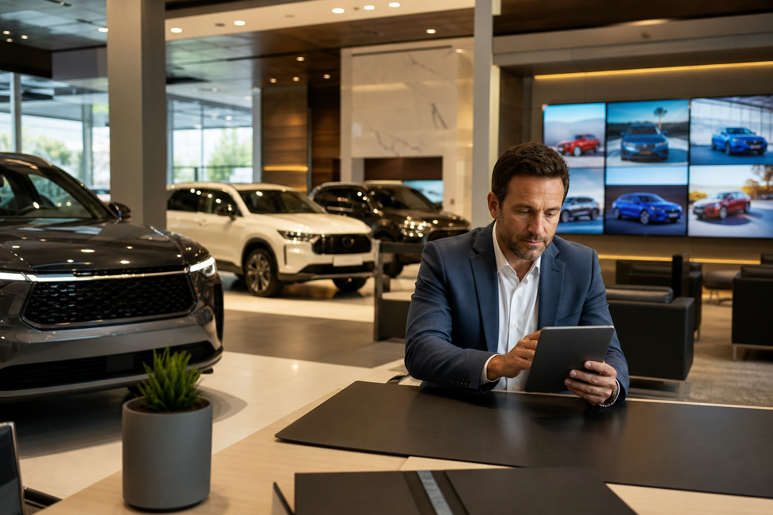 Modern auto dealership showroom with sales consultant reviewing digital lead data in 2026