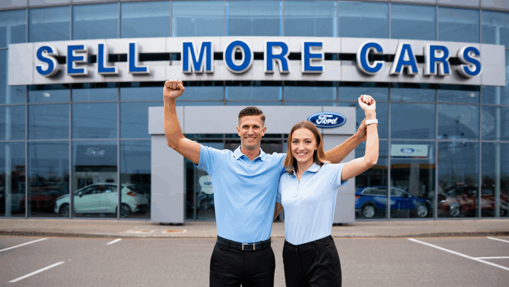 Two smiling people in light blue shirts stand with raised arms outside a car dealership featuring a large SELL MORE CARS sign above the glass showroom, showcasing Willowood Ventures automotive marketing powered by Elementor.