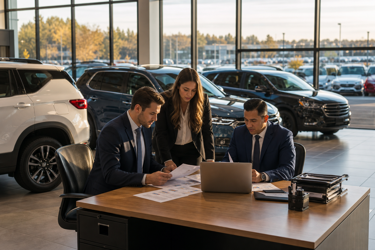 Dealership sales team reviewing pipeline reports on a laptop at a showroom desk