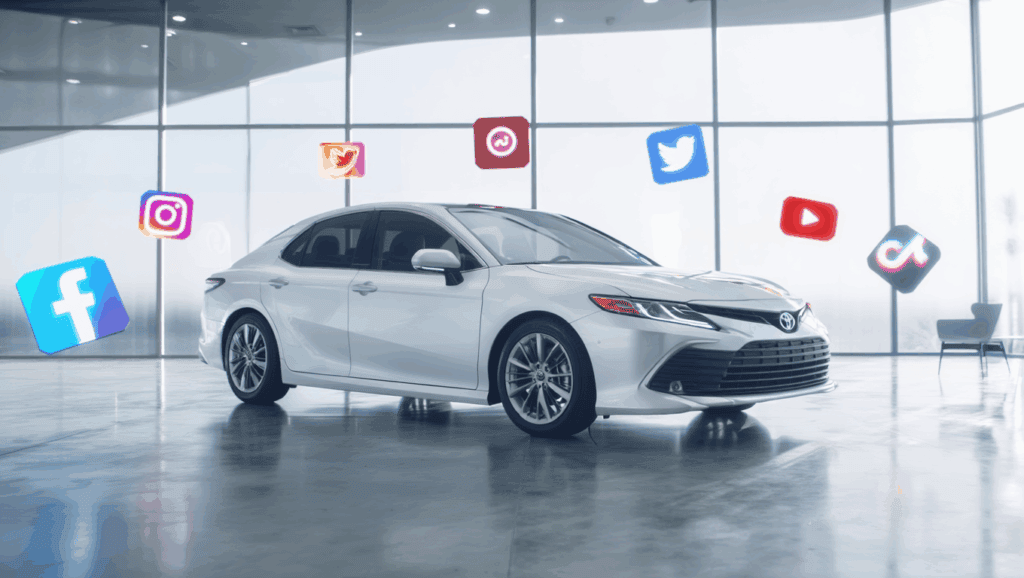 Toyota sedan in modern showroom with social media icons floating around, automotive marketing image.