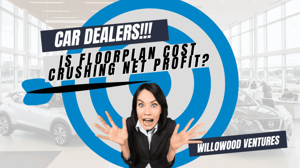 Marketing graphic for Willowood Ventures: Female automotive dealer reacts to blue target icon. Headline asks, “Car Dealers! Is aged inventory hurting net profit?” Willowood Ventures logo displayed. Showroom background features cars and sales staff.
