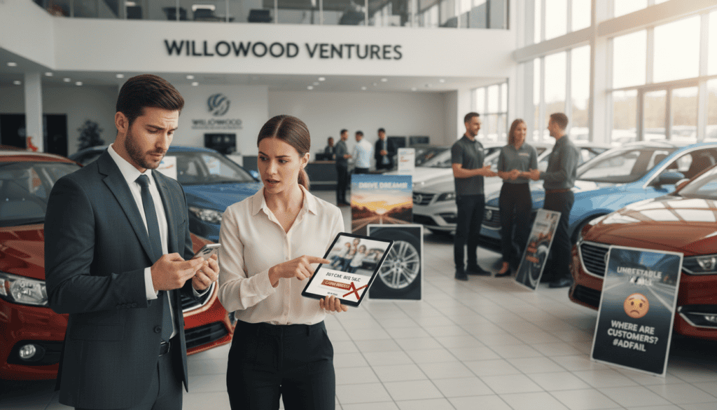 A bustling car dealership scene at Willowood Ventures, showcasing common mistakes made when boosting posts on social media. In the foreground, a professional man in a business suit is confused as he looks at a phone displaying ineffective ad metrics. Beside him, a woman in modest business attire points at a poorly targeted ad on a digital tablet. In the middle ground, various promotional posters highlight ineffective strategies like generic imagery and vague calls-to-action, surrounded by colorful cars. The background features a well-lit dealership interior with sales staff interacting with customers, creating a vibrant atmosphere. Use soft, natural lighting to enhance the mood, capturing a sense of urgency and the need for effective advertising strategies. Shallow depth of field to emphasize the mistakes while keeping the bustling activity in focus.