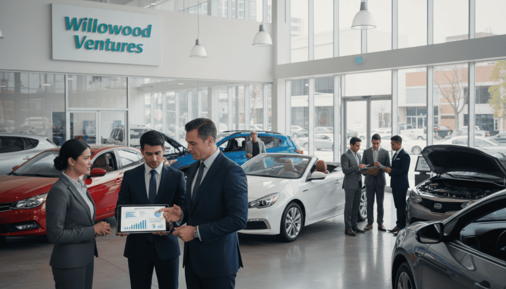 A busy car dealership scene for "Willowood Ventures," showcasing a diverse group of professional individuals in business attire engaged in discussions about budget strategies and advertising online. In the foreground, a well-dressed sales manager gestures towards a digital tablet displaying ad metrics. In the middle ground, various clients examine cars and discuss financing in a bright, inviting showroom, with colorful car models displayed. The background features large windows allowing natural light to flood the space, highlighting a vibrant atmosphere. Soft overhead lighting enhances the scene, while the angle captures the dynamic interaction among staff and customers. The mood conveys motivation, collaboration, and a focus on success in driving dealership sales through effective budget management.