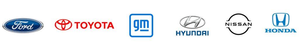 Row of major car manufacturer logos—Ford, Toyota, GM, Hyundai, Nissan, and Honda—on a white background representing Willowood Ventures’ automotive marketing expertise.