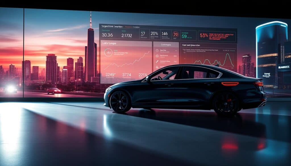 An elegant and sophisticated digital marketing scene for car sales, captured with a cinematic flair. In the foreground, a sleek, gleaming sedan is prominently displayed, its curves and lines accentuated by dramatic studio lighting from multiple angles. In the middle ground, a stylized dashboard interface showcases targeted digital advertising campaigns, data analytics, and lead generation tools. The background features a futuristic cityscape with skyscrapers and a vibrant, neon-lit skyline, conveying the dynamic, high-tech nature of modern automotive marketing. The overall mood is one of precision, innovation, and a seamless integration of physical and digital realms, perfectly suited to illustrate the "Leveraging Digital Marketing for Car Sales" section of the article.