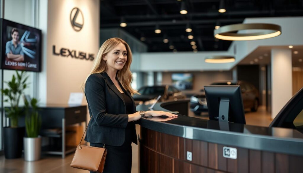 Businesswoman stands at reception desk in modern Lexus dealership, with Lexus vehicles and digital branding displayed in the background.