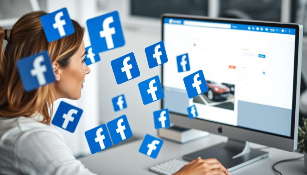 A woman at a desk uses a desktop computer displaying Facebook, surrounded by floating Facebook logos—emphasizing active research on automotive marketing trends for Willowood Ventures.