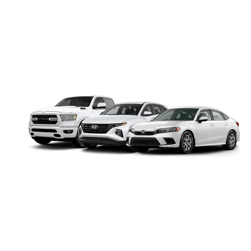 Three white Willowood Ventures vehicles—a pickup truck, SUV, and sedan—parked side by side on a plain white background, showcasing a sleek automotive lineup for marketing.