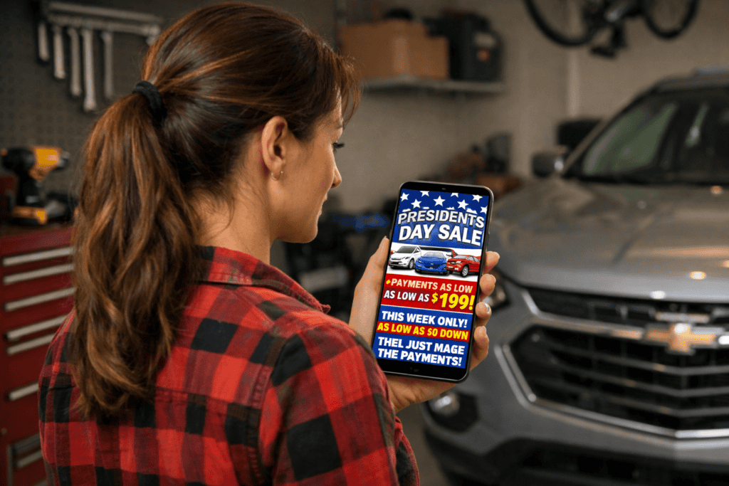 Woman in plaid shirt checks Presidents Day Sale ad on phone in garage, Chevrolet SUV behind, $199 payments, $0 down.