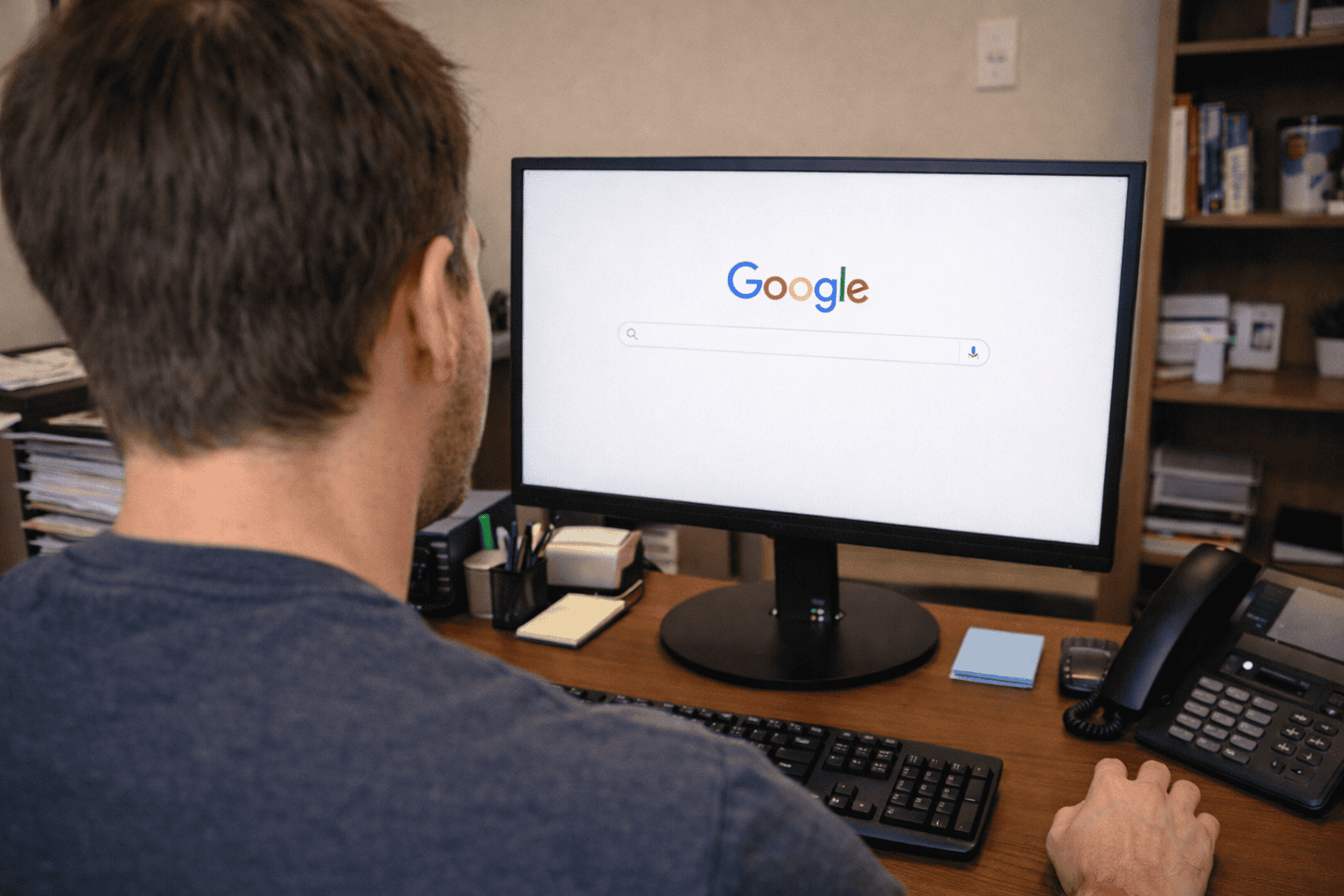 A man at a desk searches automotive services on his computer; office supplies, phone, and books fill the workspace.