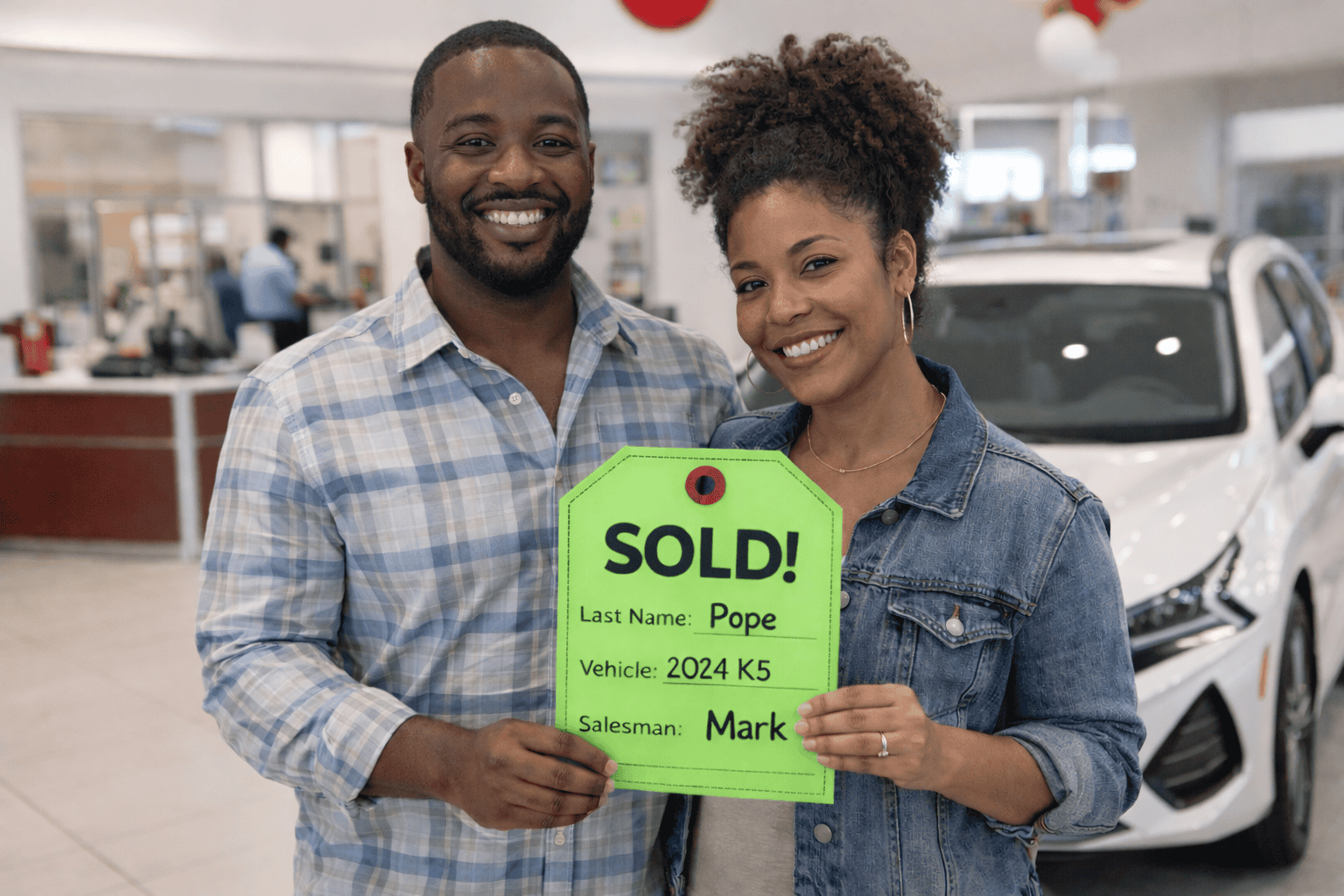 Happy couple at Willowood Ventures holds SOLD sign after buying a 2024 K5; Salesman Mark and new white vehicle in background.