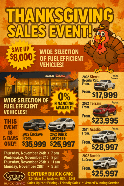 Thanksgiving Sales Event automotive direct mail flyer featuring GMC and Buick vehicle images, special pricing and offers, dealership details, and event dates in bold festive colors. Includes cartoon turkey and fall leaves for seasonal theme.