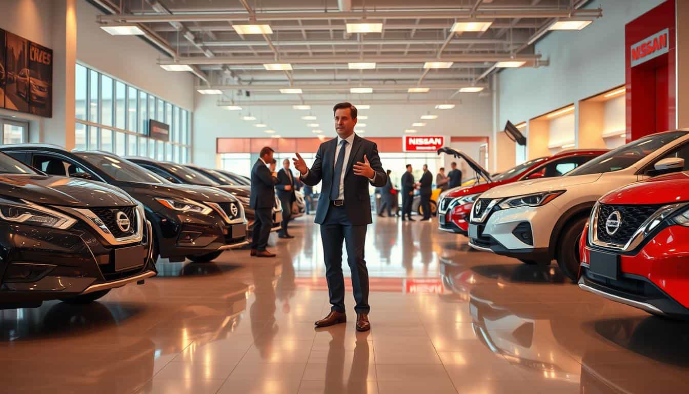 A professional sales consultant discusses dealer incentives with customers amid rows of new Nissan vehicles in Willowood Ventures’ modern showroom, while other shoppers browse the latest models.