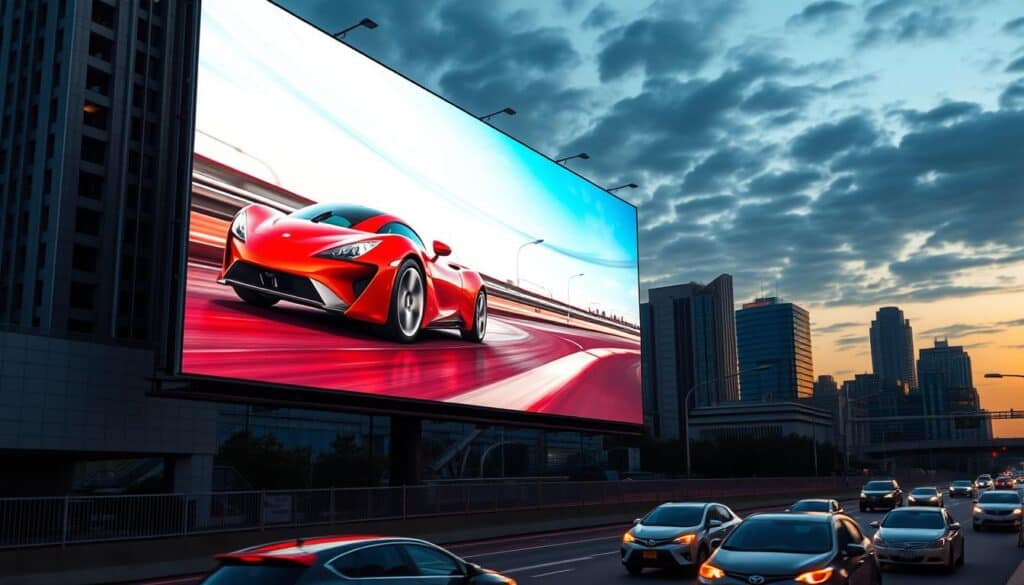 Digital billboard displaying a car advertisement on a busy highway