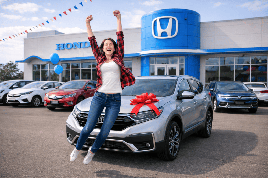 A happy customer leaps in front of a silver Honda SUV with red bow at Willowood Ventures dealership; other vehicles are visible.