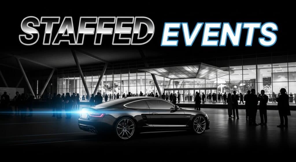 Staffed events at Willowood Ventures automotive marketing conference in a modern venue with a sleek black car and attendees.