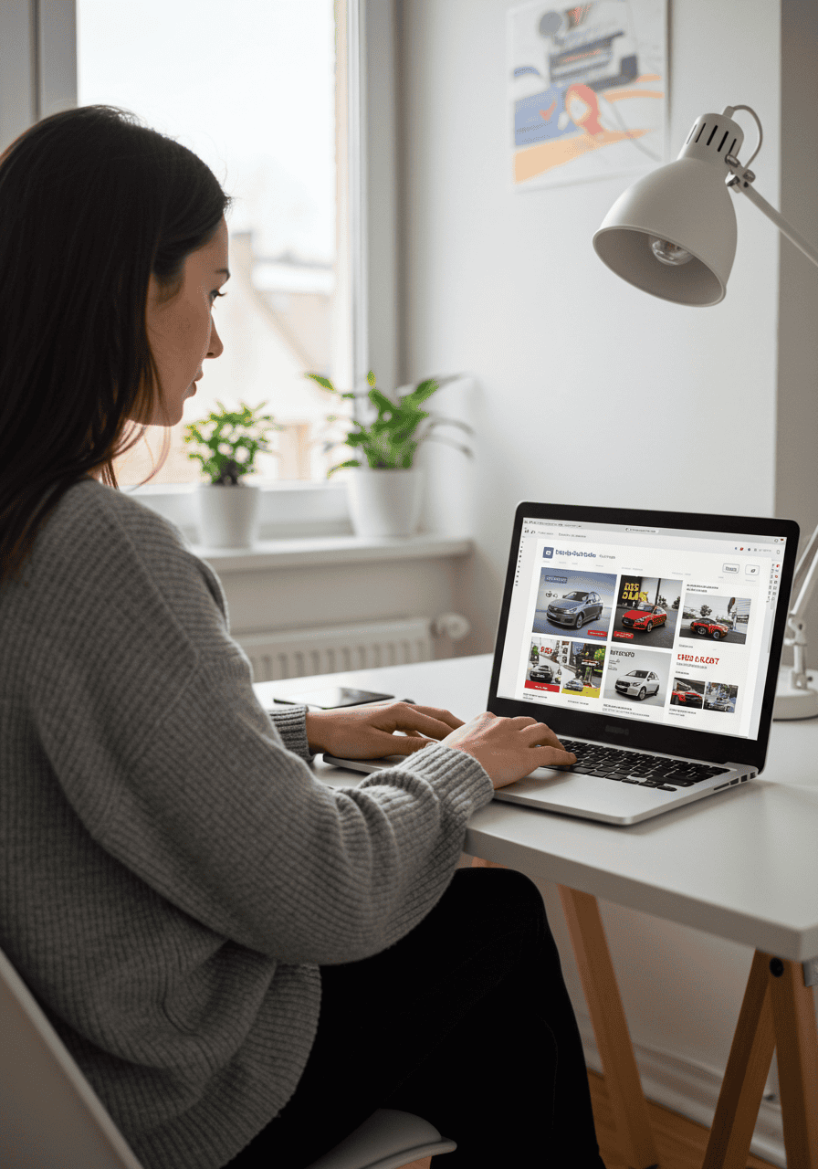 Woman at desk using laptop and Elementor to browse Willowood Ventures automotive listings; modern workspace with lamp, plants, and window in background.