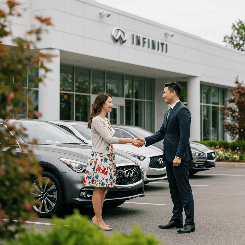 A woman and a man shake hands in front of multiple Infiniti vehicles outside a dealership, celebrating Willowood Ventures’ new automotive WordPress website built with Elementor.