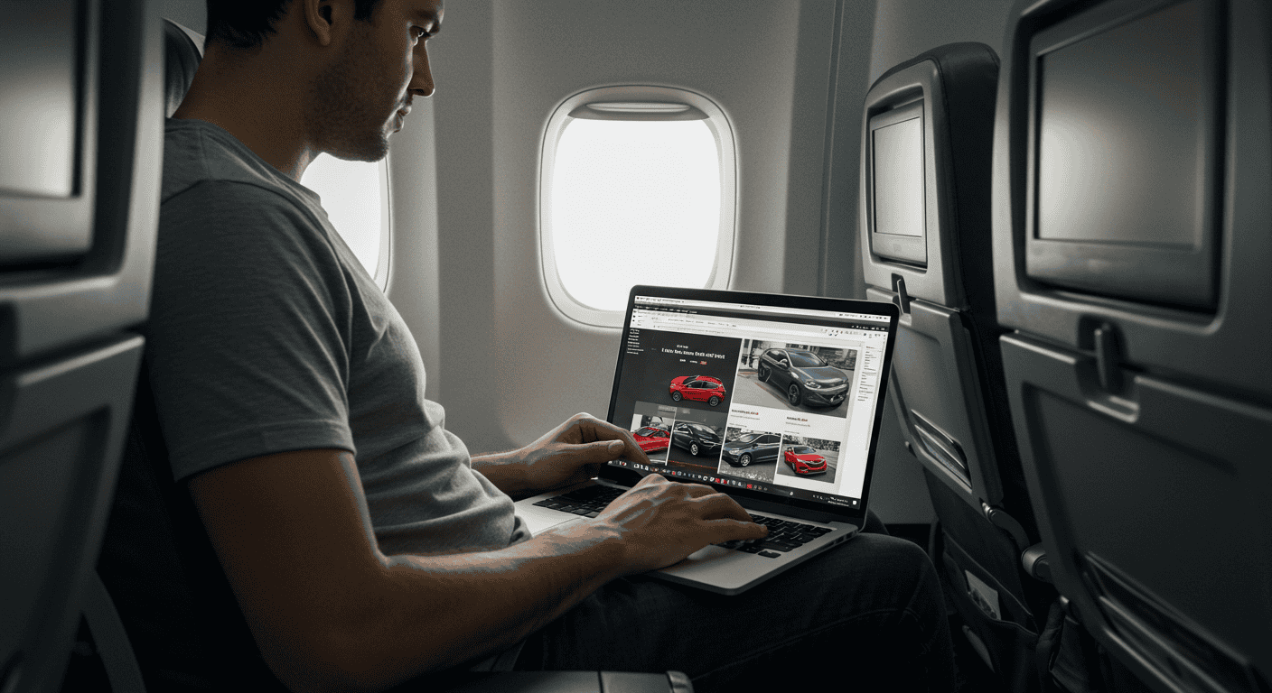 Business traveler on airplane using laptop to browse car listings and research effective auto sales strategies; empty seats and well-lit cabin promote focus—ideal for Willowood Ventures’ automotive marketing.
