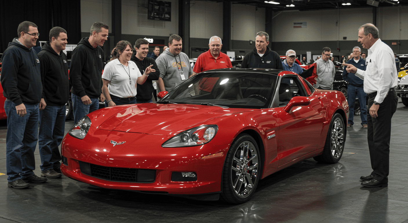 A shiny red Chevrolet Corvette sports car on display indoors at an automotive event, drawing attention from attendees; one man highlights the vehicle, emphasizing its standout features—Willowood Ventures marketing. acquire trade-in vehicles without the auction