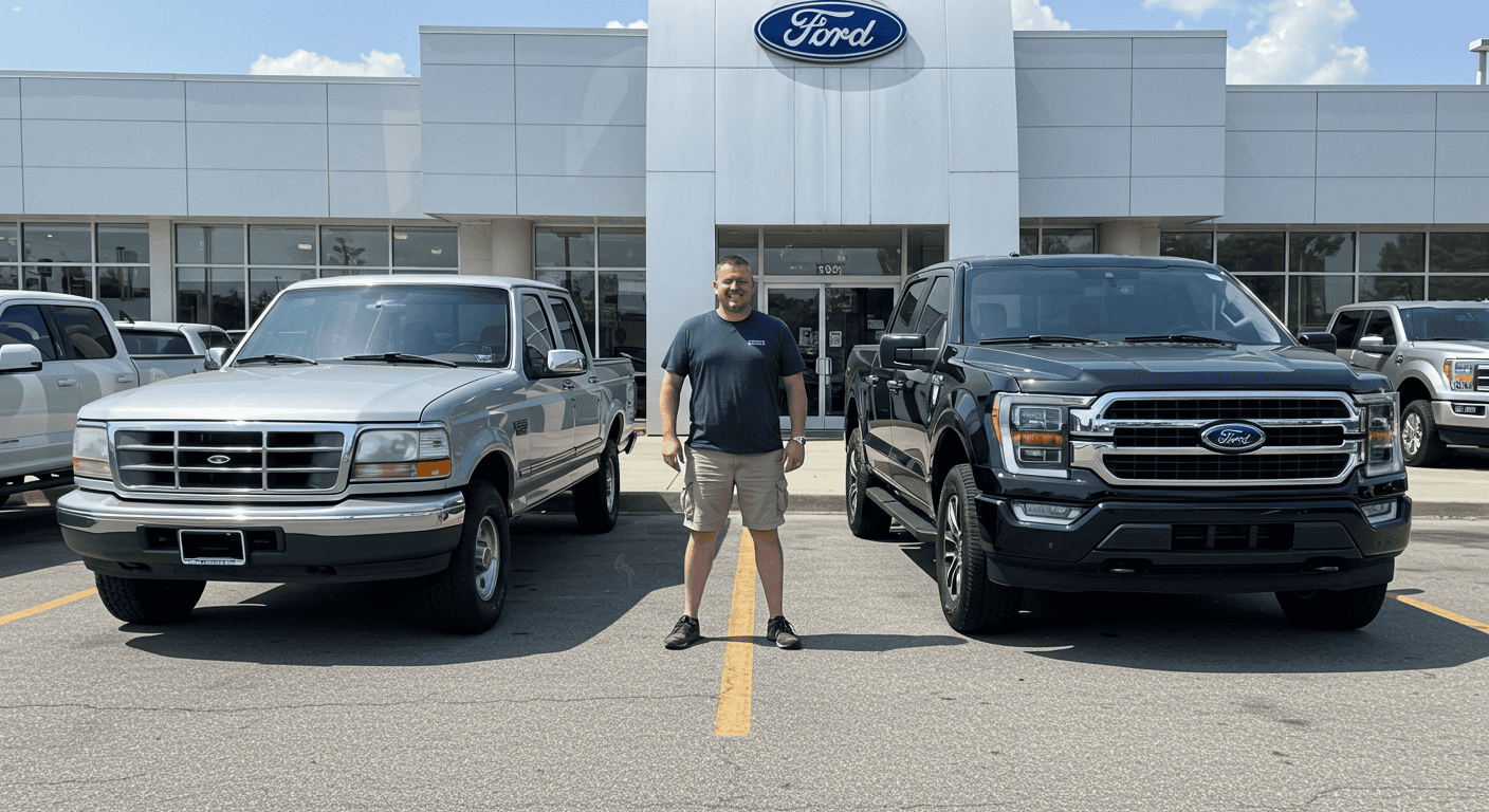 Smiling man stands between classic white Ford pickup and modern black Ford pickup outside Ford dealership, representing Willowood Ventures truck selection.