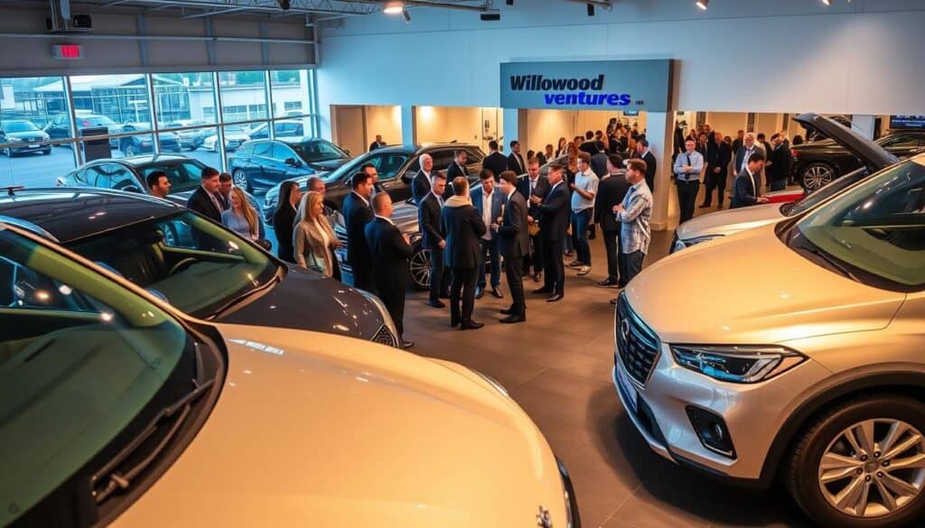 Luxury cars at Willowood Ventures automotive marketing event with engaged attendees and modern showroom atmosphere.