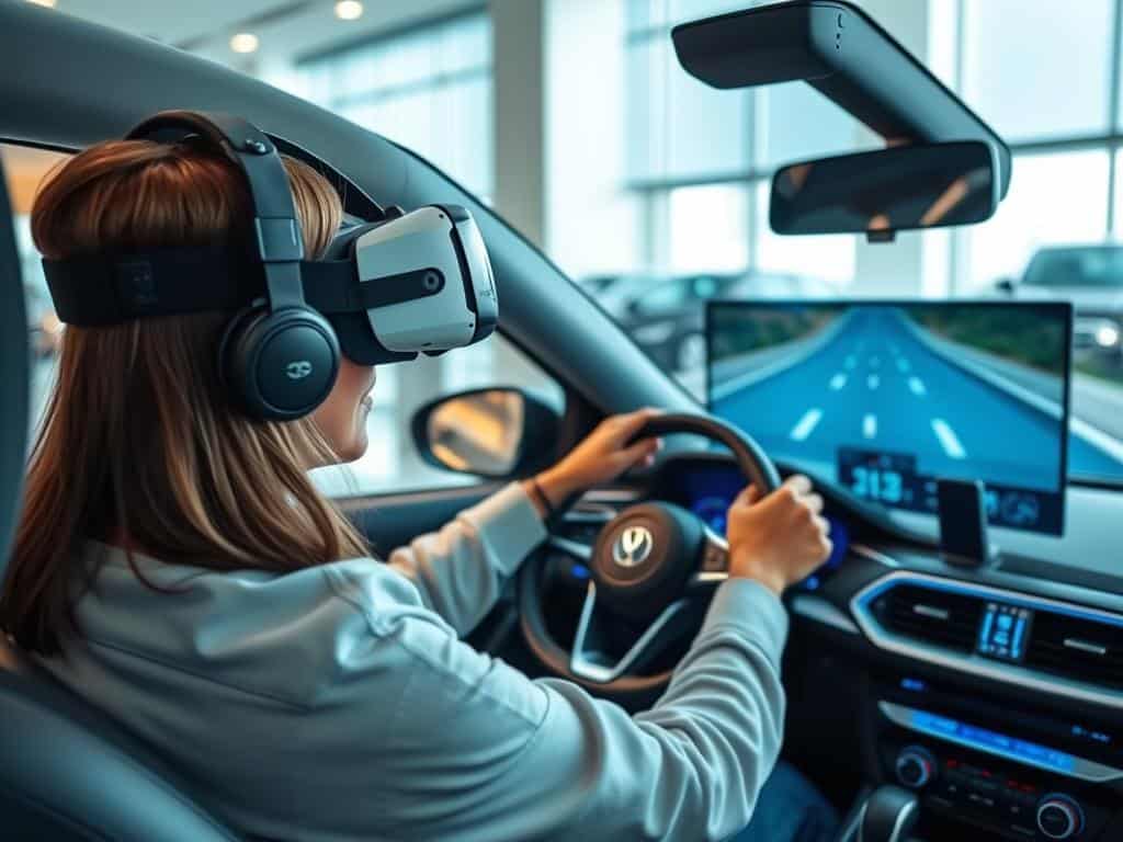 Person using VR headset to experience virtual car test drive