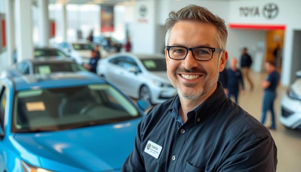 Car salesman in Willowood Ventures dealership showroom, smiling and wearing glasses with a branded black shirt and name tag; multiple cars and customers in background, showcasing automotive sales environment—ideal for social media marketing.