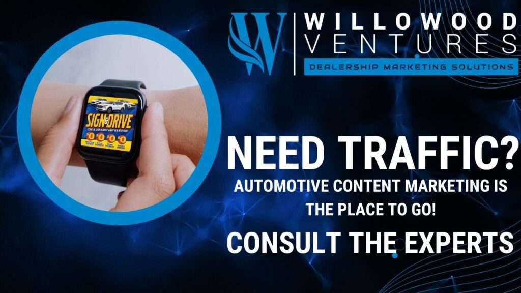 Smartwatch screen shows a car ad with the headline: NEED TRAFFIC? Automotive content marketing is the place to go! A hand interacts with the device. Willowood Ventures logo and tagline are displayed at the top, promoting automotive digital marketing expertise.