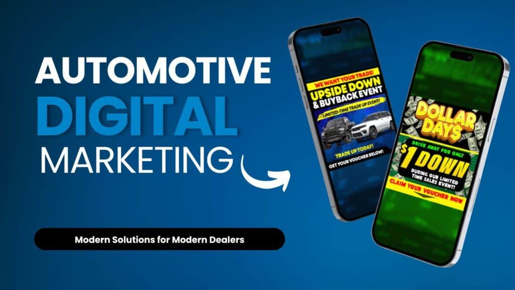Two smartphones show vibrant car dealership ads, highlighting Willowood Ventures’ automotive digital marketing solutions. Bold text reads “Automotive Digital Marketing for Modern Dealers” on a blue background, with a black bar below stating “Modern Solutions for Modern Dealers” and a white arrow icon. Automotive Digital Marketing