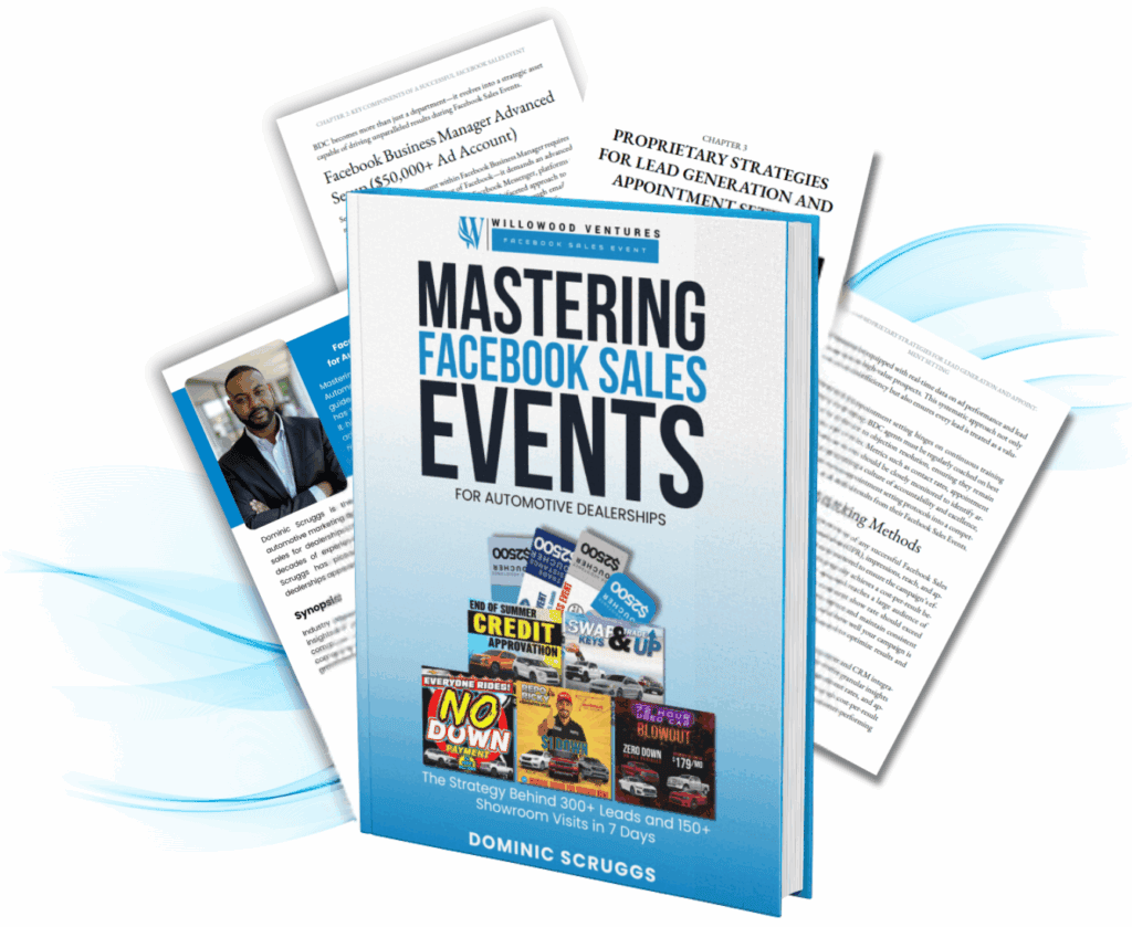 Book titled Mastering Facebook Sales Events for Automotive Dealerships by Dominic Scruggs displayed upright, surrounded by open pages and automotive Facebook event marketing graphics in the background—emphasizing digital sales strategies for car dealerships.