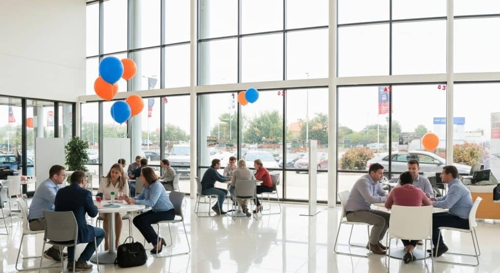 Formal car dealership interior with large glass windows, orange and blue balloons, and customers discussing automobile options.