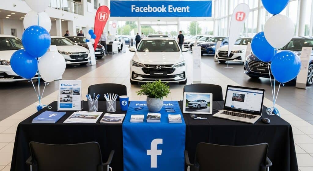 Promotional display with Facebook banners, balloons, and marketing materials set up in a Willowood Ventures car showroom; white vehicle featured prominently in the background for Facebook Event.