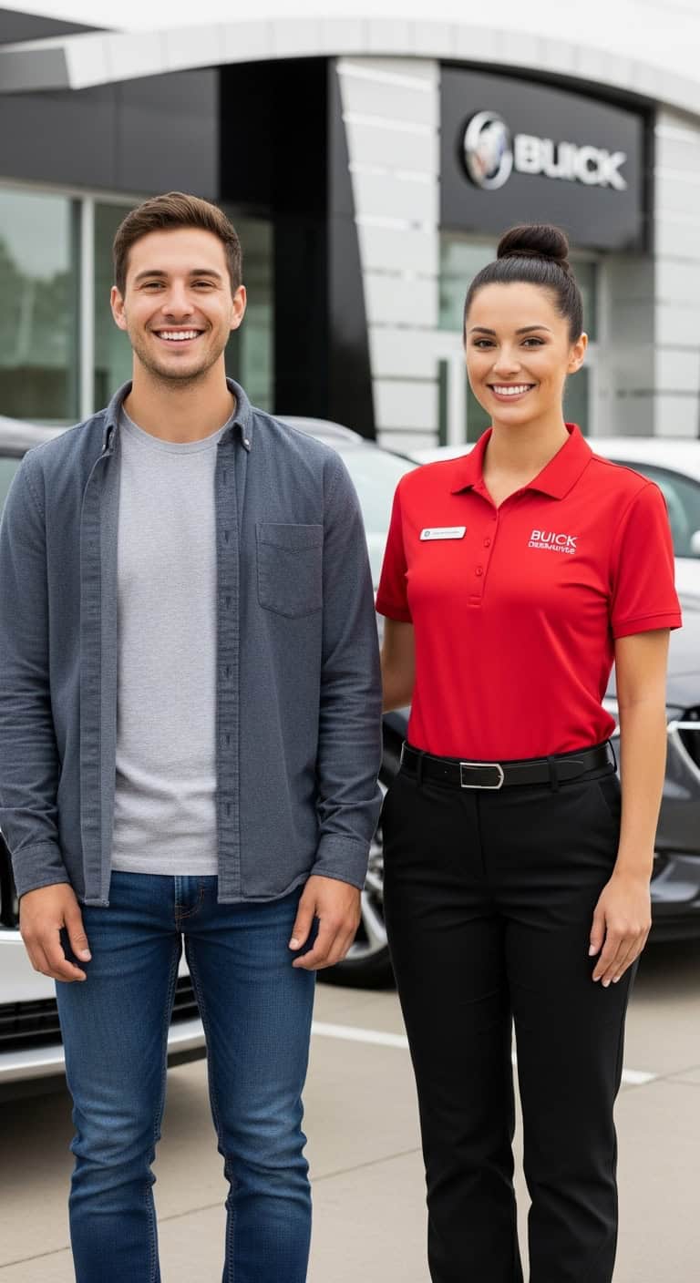 A Willowood Ventures saleswoman in a red Buick polo stands with a smiling customer outside a Buick dealership, featuring branded vehicles and signage—ideal for automotive marketing.