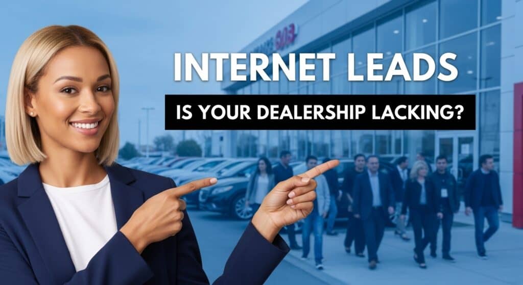 Businesswoman in suit points to text “ internet leads car sales : Is your dealership lacking? with a bustling car dealership in the background, emphasizing Willowood Ventures’ digital marketing solutions to convert Internet leads into car sales.