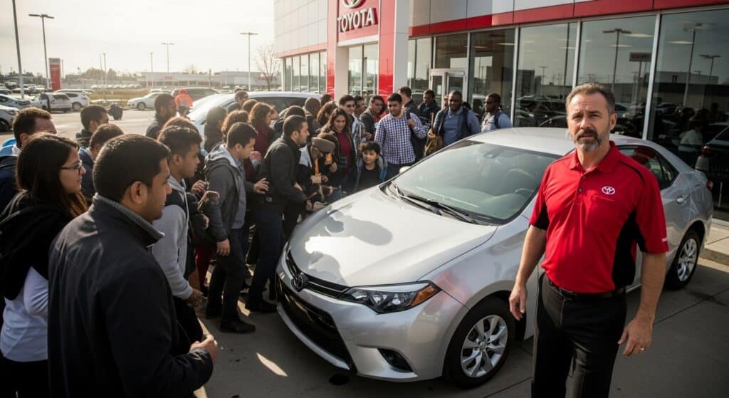 Group of customers inspecting a silver Toyota sedan outside dealership, with Willowood Ventures representative in branded red Toyota shirt nearby.