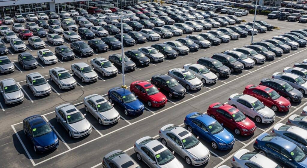 Aerial view of Willowood Ventures automotive dealership showcasing rows of new and used vehicles, each with prominent yellow price stickers on windshields.