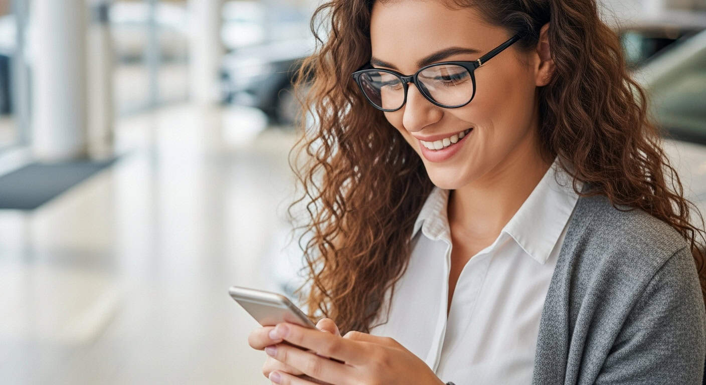 Woman with curly hair and glasses smiles while using her smartphone to browse automotive listings in a bright indoor space.