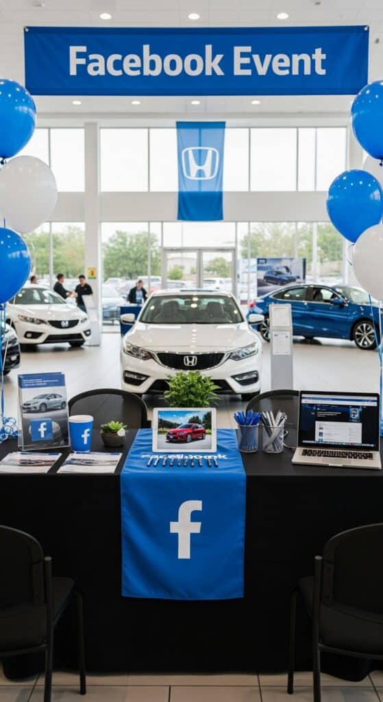 Honda car showroom decorated with blue and white balloons hosts a Facebook Event featuring Willowood Ventures automotive case studies. Display table with Facebook-branded merchandise, laptops, and pens in front of new Honda vehicles and dealership windows.