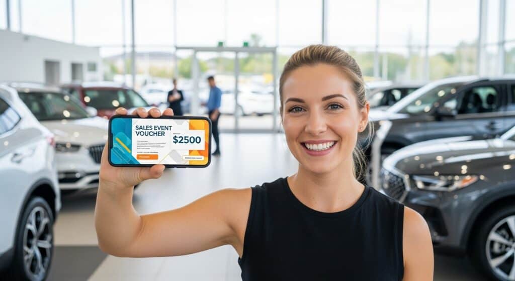 Smiling woman inside a modern car dealership holds a smartphone showing a $2500 sales event voucher, highlighting Willowood Ventures automotive marketing success. Multiple vehicles and customers are visible in the bright showroom background.